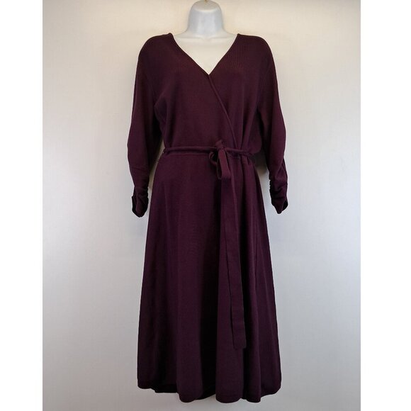 Eliza J Burgundy V Neck Belted Faux Wrap Knit Dress Size XXL